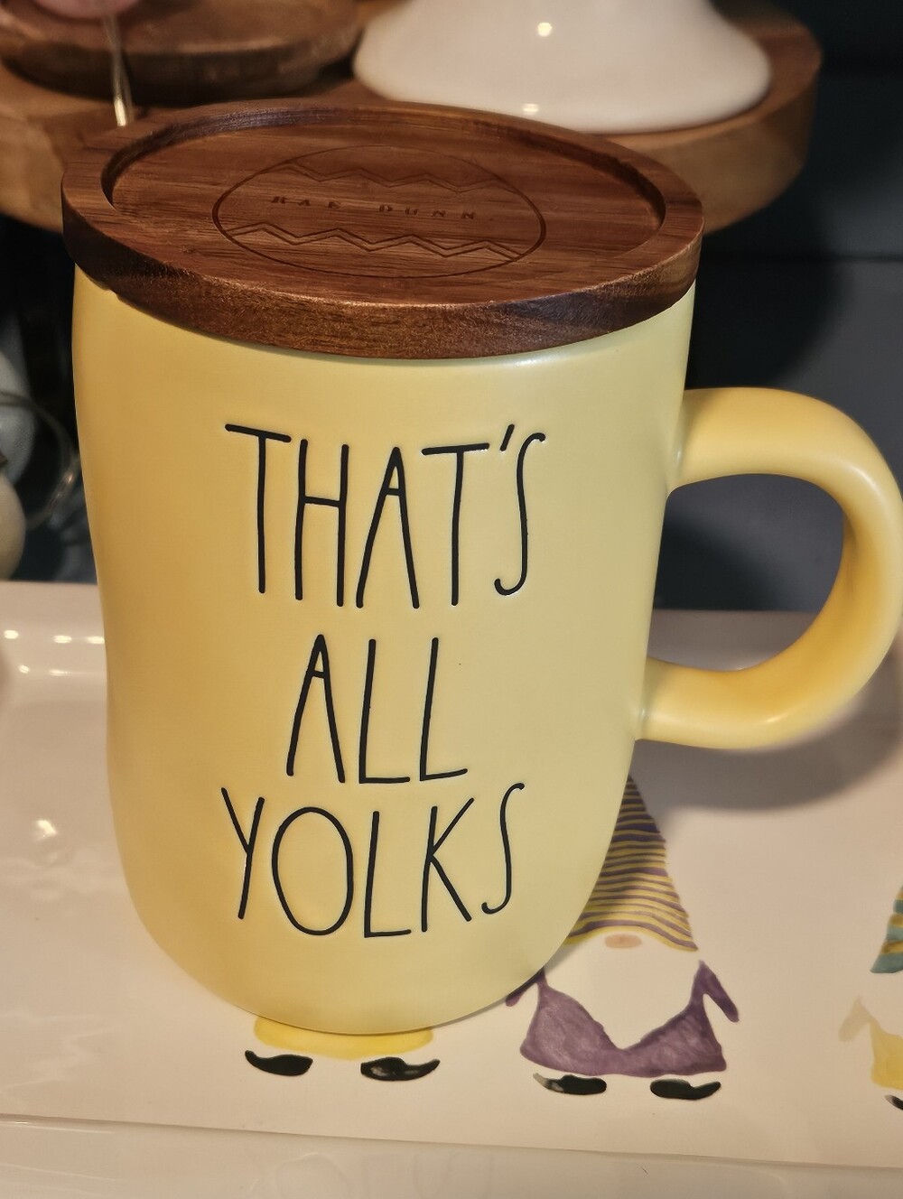 Rae DUNN Yellow Ceramic Mug with Bamboo Lid - "That's All Yolks"
